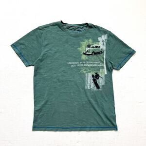 Mantaray Mens Green Graphic T-Shirt Small VW Van Surf Scene Embroidered Tee